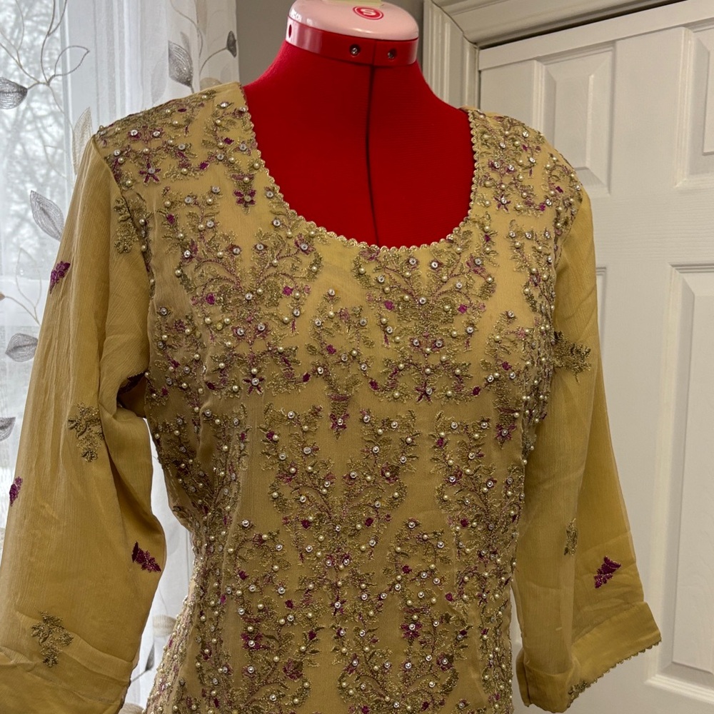 Embellished Golden badge Tunic with Pink Accents